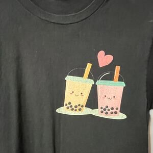 black short sleeve t shirt cute kawaii couple bubble boba milk tea lover sz sm
